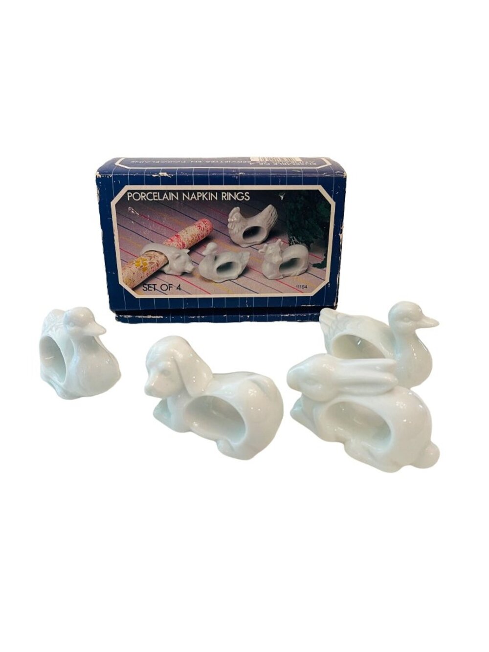 Vintage Napkin Holder Rings White Porcelain Animals Set of 4 with Box 1984